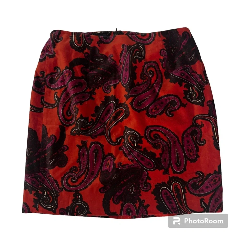 Talbots Velvet Pencil Skirt Size 16WP Red Orange Paisley Print Straight Lined